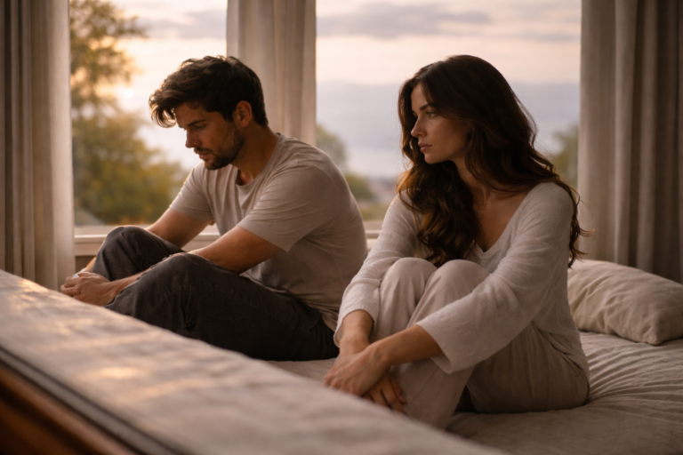 Couple assis à distance émotionnelle dans une chambre, illustrant le manque de connexion et les difficultés relationnelles
