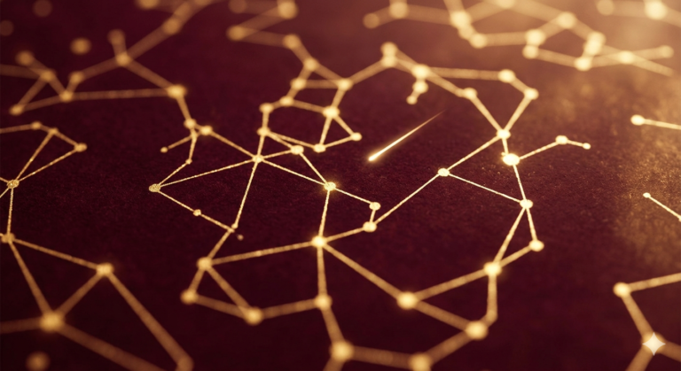 Réseau de lignes dorées et de points lumineux sur fond sombre, illustrant l'activation diffuse et les connexions neuronales hyper-rapides.