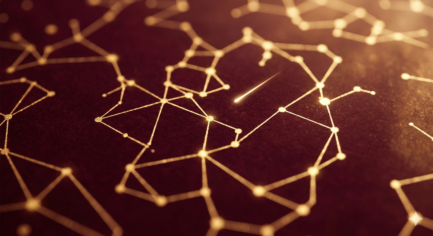 Réseau de lignes dorées et de points lumineux sur fond sombre, illustrant l'activation diffuse et les connexions neuronales hyper-rapides.