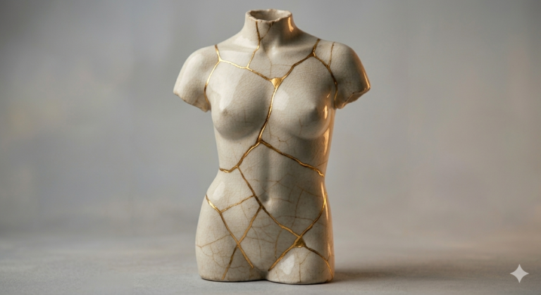 Sculpture de buste féminin en céramique réparée selon la technique du kintsugi avec des coutures dorées.