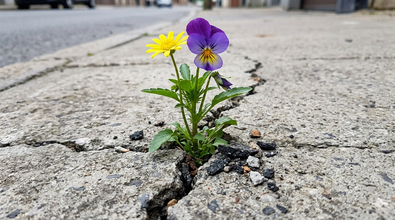 Une fleur sauvage poussant à travers une fissure dans le bitume, symbolisant la résilience après un burn-out.